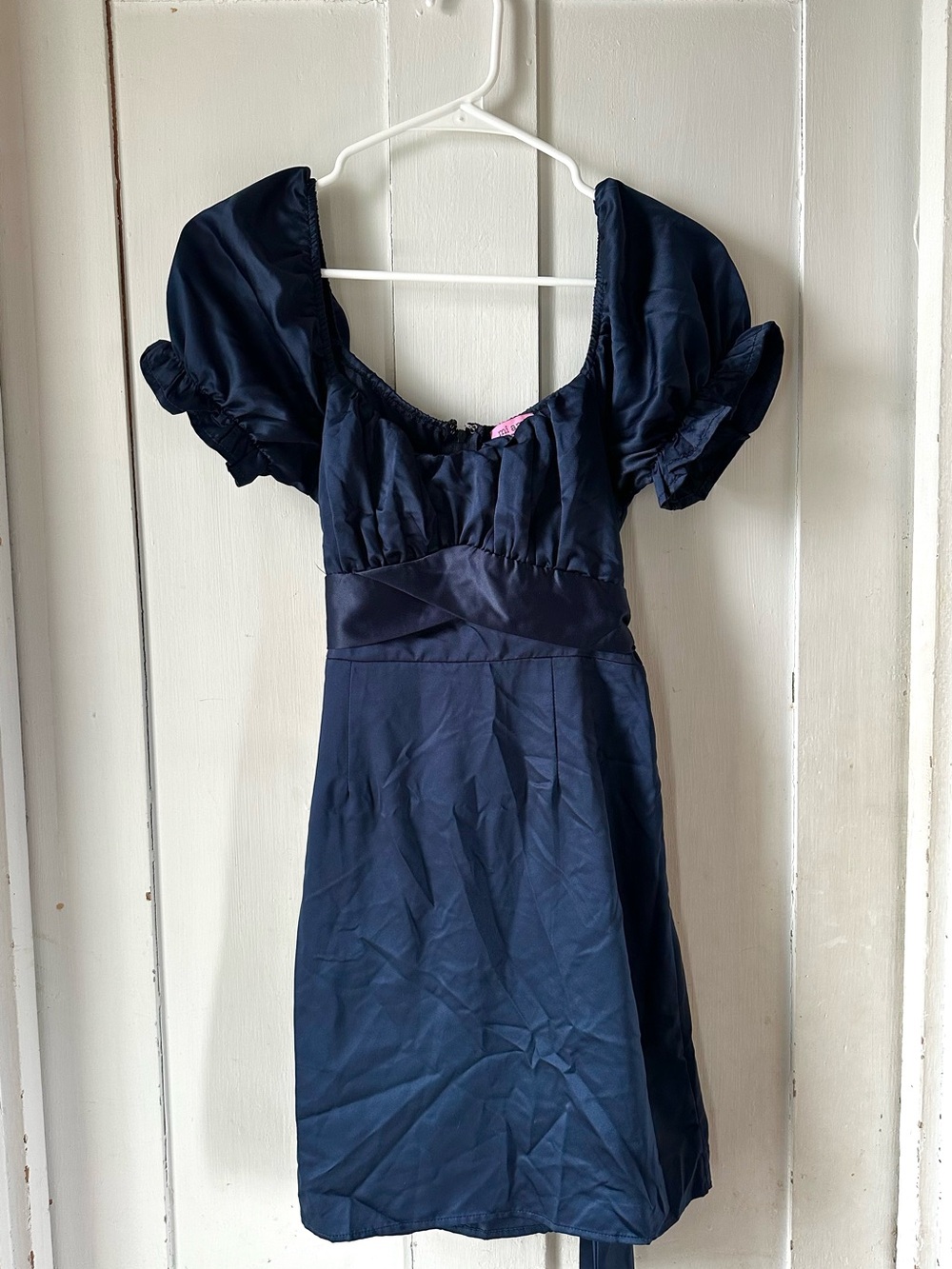 miami Navy Blue Satin Short Chemise with Puff Sleeves